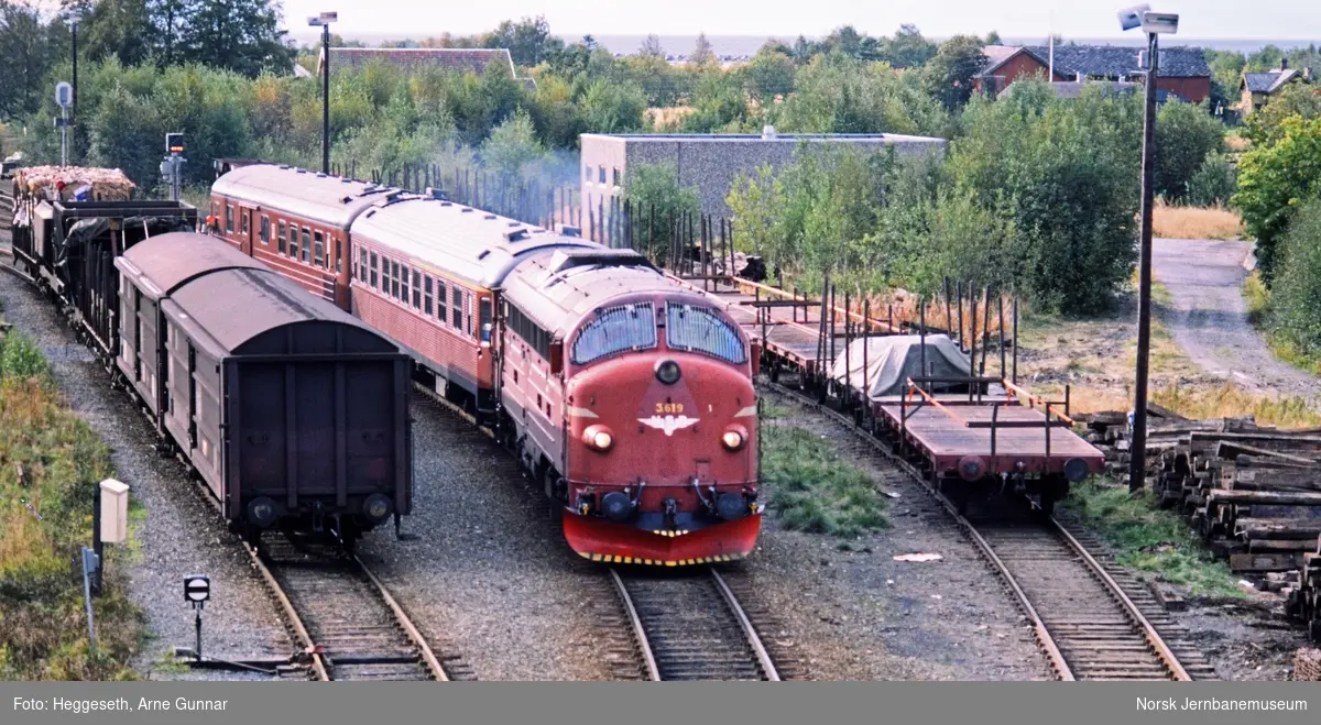 Diesellokomotiv Di 3 619 med persontog til Stockholm på Hell stasjon