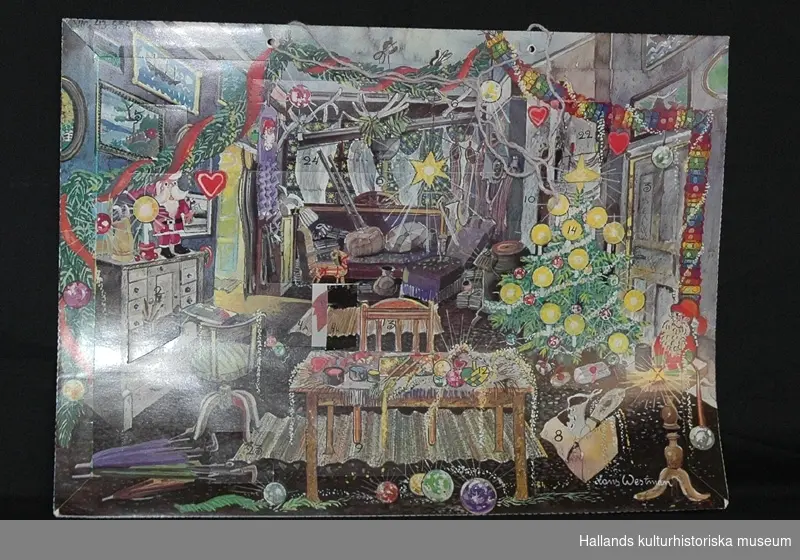 Julkalender "Albert och Herberts jul" från 1982. Motiv: Ut och insida av hus. 