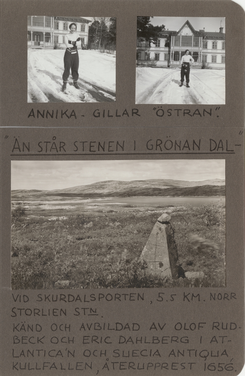 Porträttfoto av Anna Linderstam i skidklädsel utanför byggnad, vintertid, cirka 1925.

Text vid foto: "'Annika gillar 'Östran'"