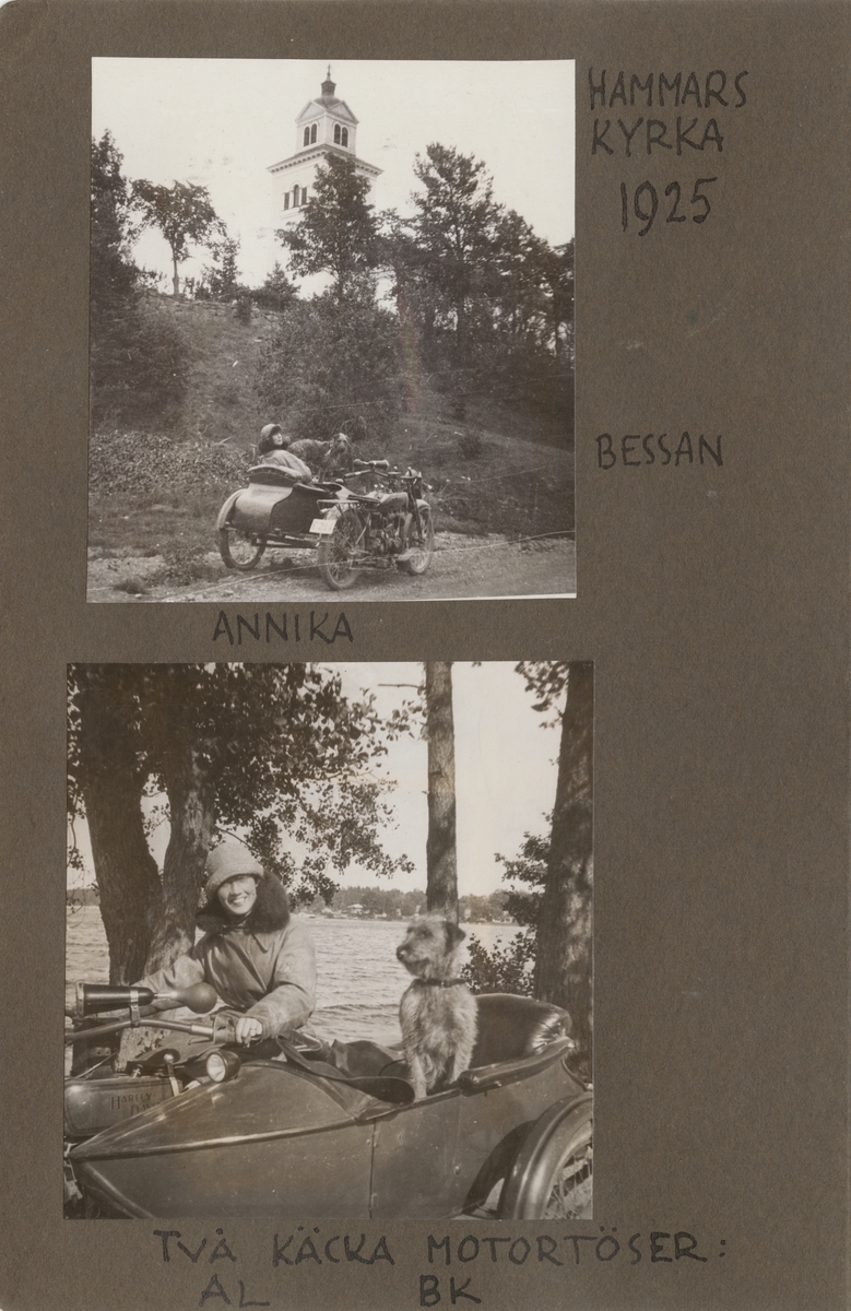 Anna Linderstam och en hund på en motorcykel med sidovagn vid en sjö, 1925.

Text vid foto: "Två käcka motortöser: AL, BK."