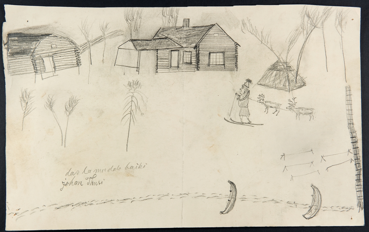 Teckning av Johan Turi. En man i samisk dräkt på skidor med två renar i lina framför bebyggelse med två timrade hus och en kåta. L.A. 853 nr. 2. Torne lappmark. Jukkasjärvi socken. Talma sameby.