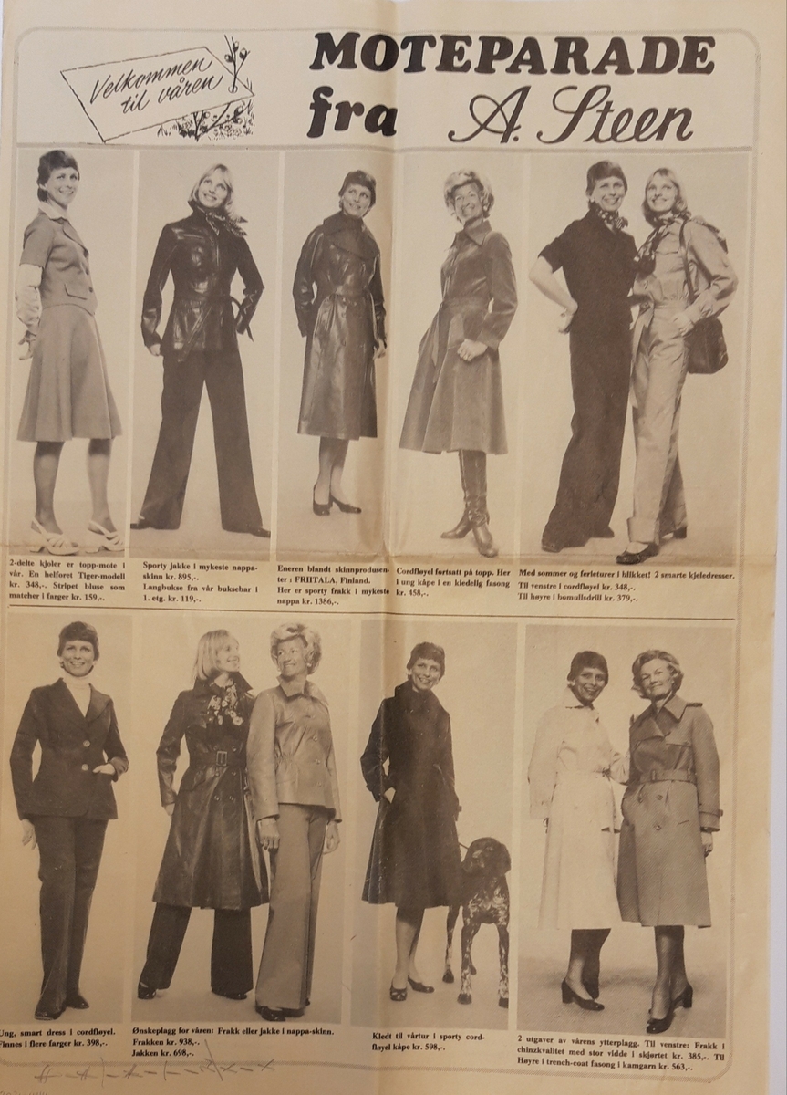 1 reklameblad for vårens moter fra A. Steen, 1976. Disse modellene: Helen Aalstad, f. Texnes, Grete Bråtebæk, f.Steen, Sissel Haug, g. Bergstrøm, Astri Valborg Berntzen født Hansen ,  og NN.