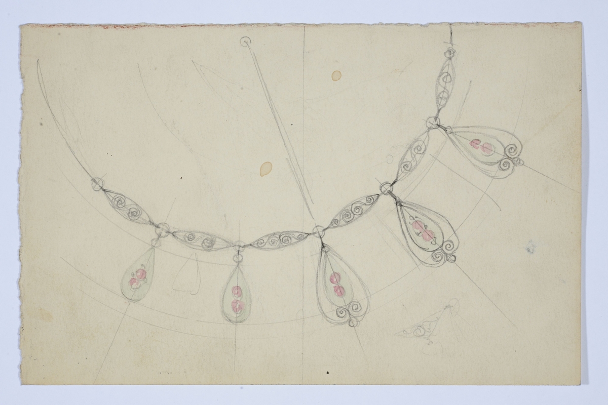 Skisse av anheng i filigran med rosedekor i emalje