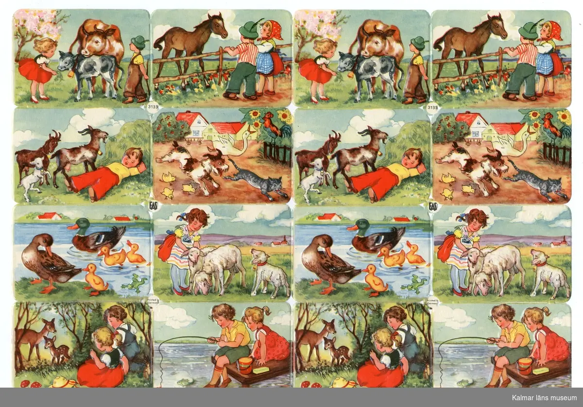 Barn med kor, hästar, getter m.m. Åtta olika motiv, två av varje.