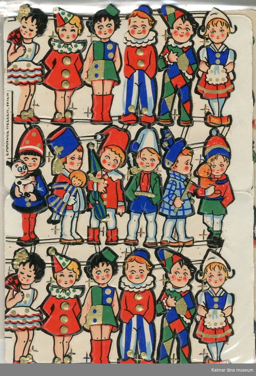 Tecknade flickor och pojkar, vissa i clown-/harlequindräkter, andra med hattar m.m. 12 varianter, översta raden x 2.