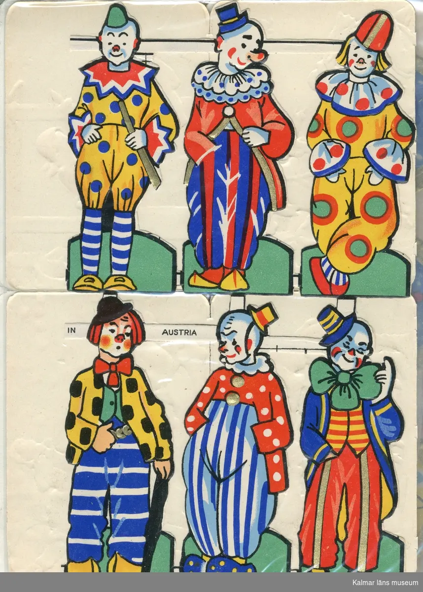 Tecknade clowner i färgglada mönstrade dräkter. Sex varianter.