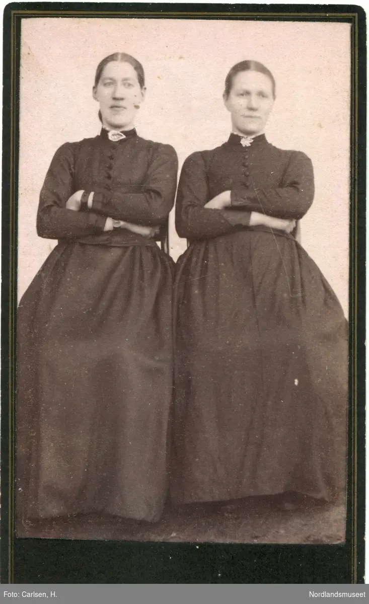 Portrett av to unge kvinner i mørke kjoler, som sitter med kryssede armer. Sofie og Margrethe Olsdatter, Skånland.