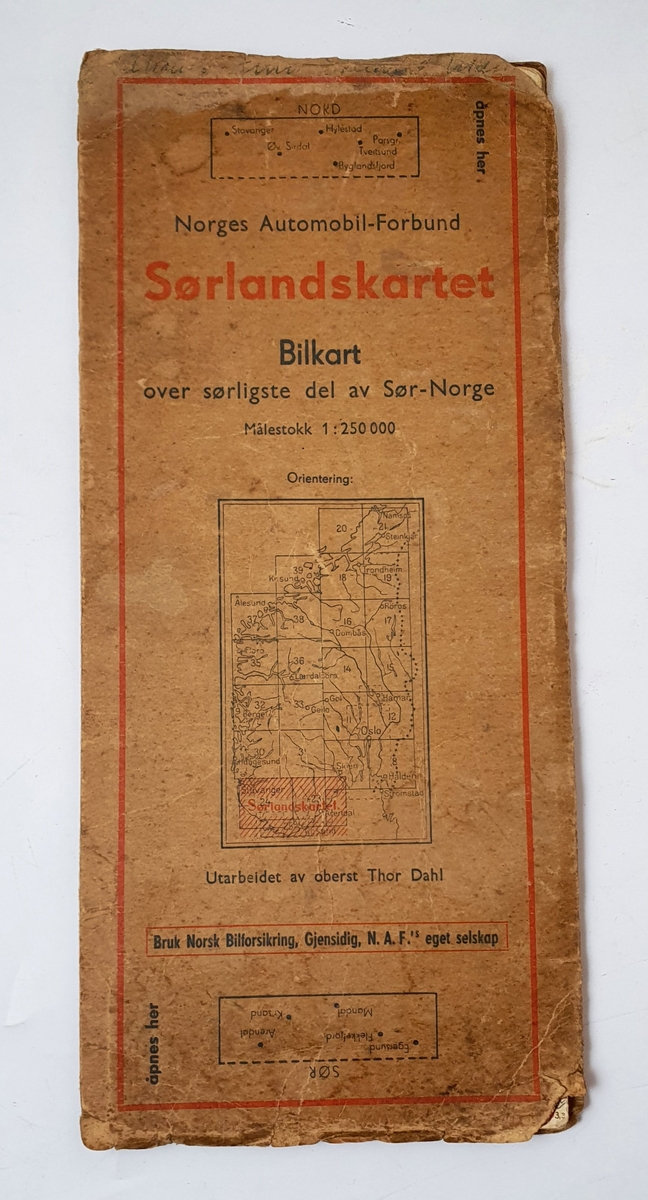 "Sørlandskartet", bilkart for sørligste del av Sør-Norge. Kartet ble utgitt av Norges Automobil-Forbund i 1935, men denne reviderte versjonen er fra 1958.
