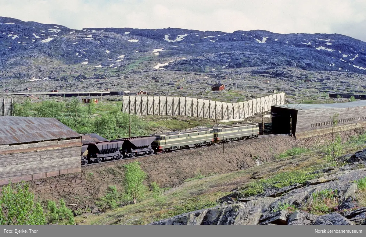 Malmtog 7317 mellom Haugfjell og Bjørnfjell, trukket av elektrisk lokomotiv El 15