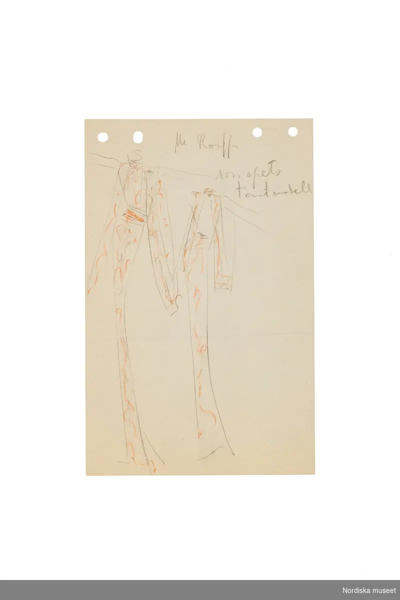 Modeskisser utförda av Pelle Lundgren (1896-1974) kreatör, från 1923 förste försäljare och senare ateljéchef på NK:s Franska damskrädderi. Från 1965 till stängningen av verksamheten 1966 var han disponent. Pelle Lundgrens minnesskisser från de kända modehusen i Paris är tecknade efter visningarna, i ritblocket eller på det som fanns till hands – som hotellets brevpapper. De snabba skisserna inspirerade ateljéns egna modeller. Här ses teckningar utförda våren 1936 med plagg från exempelvis Vionnet, Molyneux, Talbot, Lanvin, Alix, Agnès och Lelong.