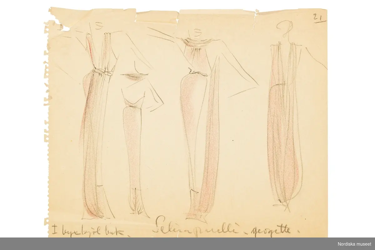 Modeskisser utförda av Pelle Lundgren (1896-1974) kreatör, från 1923 förste försäljare och senare ateljéchef på NK:s Franska damskrädderi. Från 1965 till stängningen av verksamheten 1966 var han disponent. Pelle Lundgrens minnesskisser från de kända modehusen i Paris är tecknade efter visningarna, i ritblocket eller på det som fanns till hands – som hotellets brevpapper. De snabba skisserna inspirerade ateljéns egna modeller. Här ses teckningar utförda våren 1939 med plagg från exempelvis Chanel, Schiaparelli, Paquin, Piquet, Rouff och de Rauch.