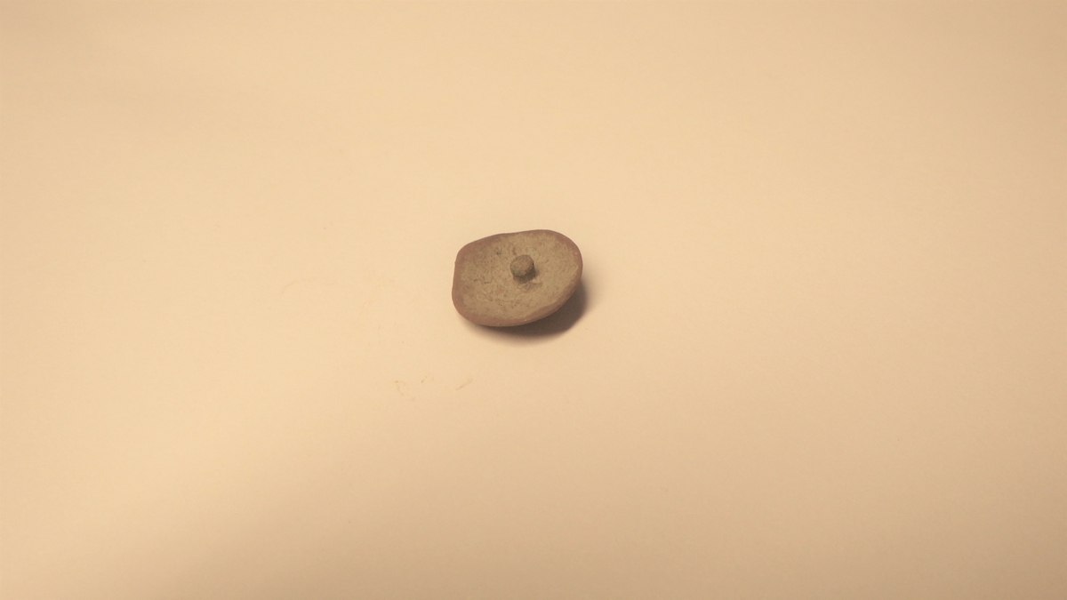 Tilnærmet tund metallplate med noe buet utforming. Rester av noe som kan være punsling langs kanten, samt en knopp i midten som er enden på naglen som går gjennom platen. Dette er et lite pyntebeslag eller en pyntenagle.