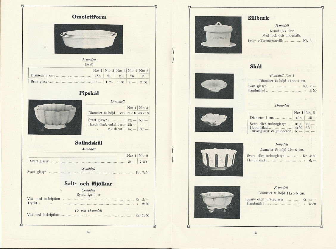 Produktkatalog, priskurant, supplenet till 1927 års priskurant över produktion av keramik vid Aktiebolaget Gefle Porslinsfabrik.