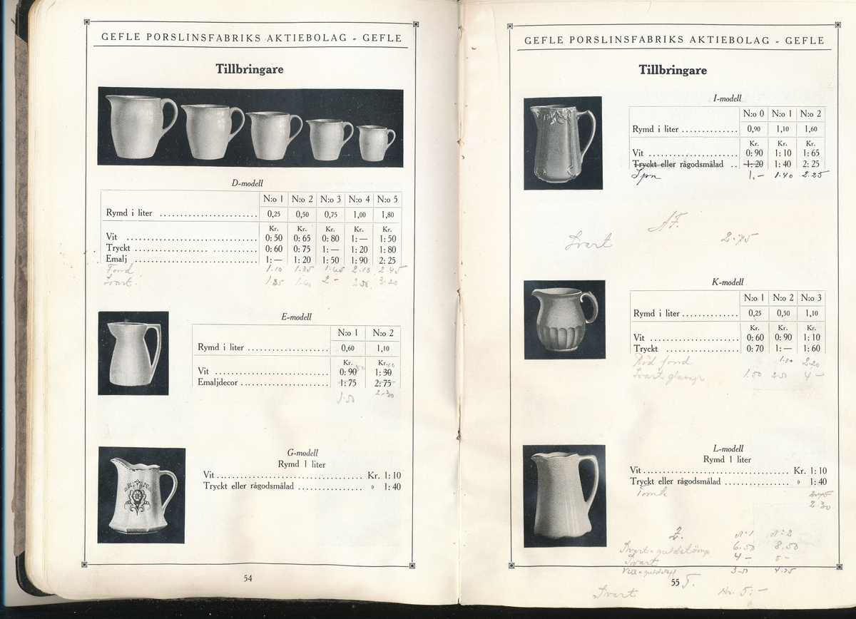 Produktkatalog, priskurant, över 1927 års produktion av keramik vid Aktiebolaget Gefle Porslinsfabrik.