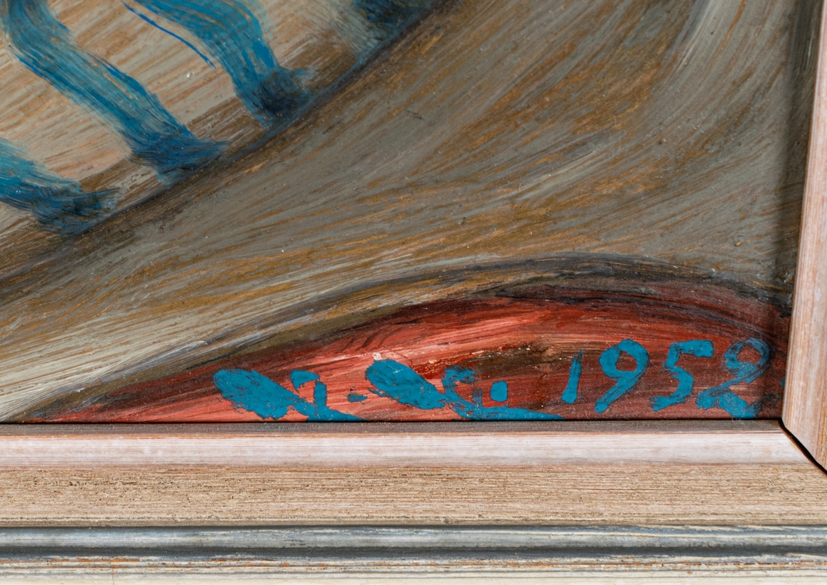 Fiskargubbe med pipa i munnen och keps avbildad i vänsterprofil med hav i bakgrunden. Ett traditionellt motiv som bygger på den tyske marinmålaren Harry Haerendels välkända målning från ca 1920 "Der alte Seebär" (Den gamle sjöbjörnen).