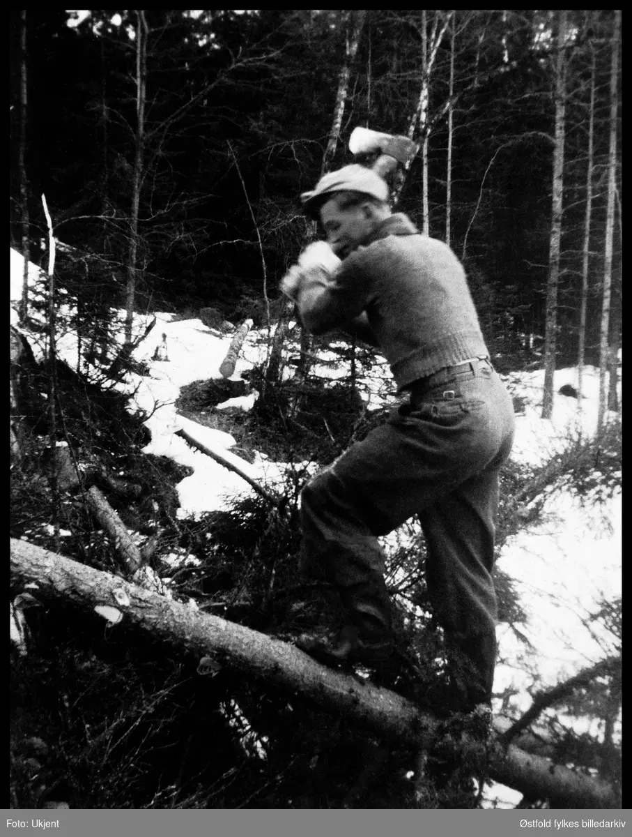 Erling Bergli på tømmerhugst ved Trollbergtjern, Rømskog 1939.