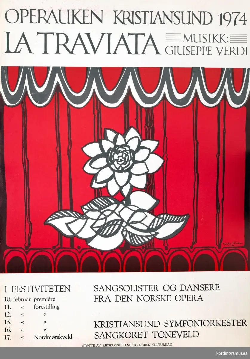 Operaplakat. Operauken Kristiansund 1974. La Traviata. Musikk Giuseepe Verdi. Sangsoliser og dansere fra den norske opera. Kristiansund symfoniorkester. Sangkoret Toneveld. Fra Nordmøre museums fotosamlinger.