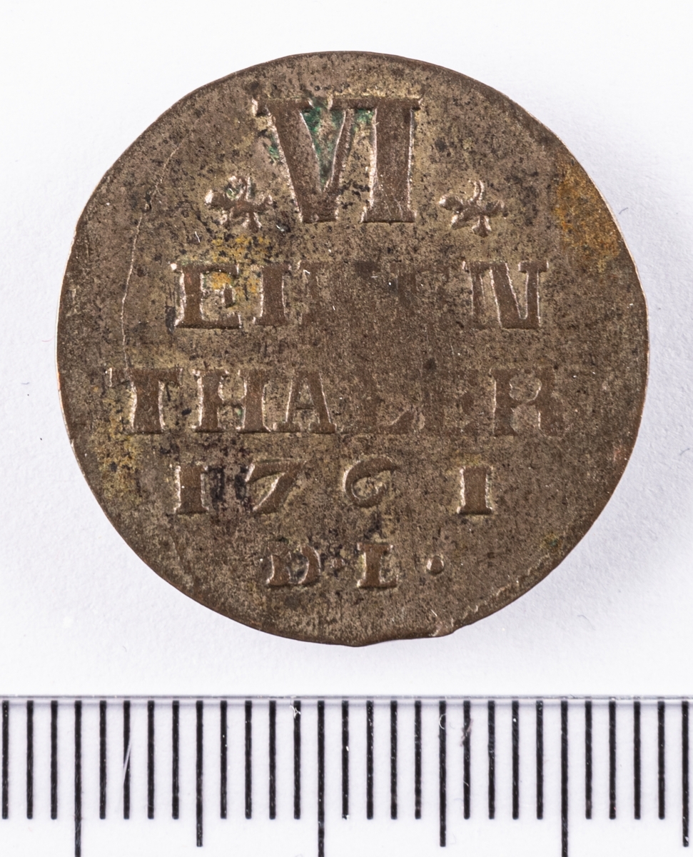 Mynt, besittningsmynt, 1/6 riksdaler, 1761, från den svenska besittningen Pommern som omfattade delar av nuvarande Tyskland och Polen.