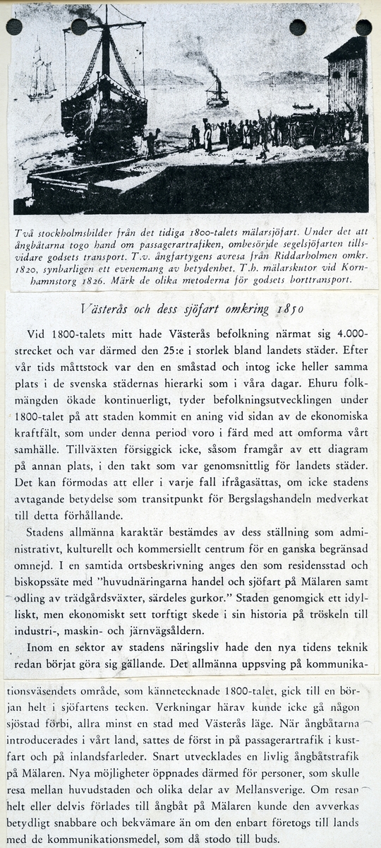 Text med "Västerås och dess sjöfart omkring 1850, sid 1-4.