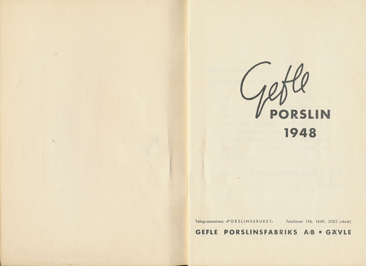 Priskurant, prislista över 1948 års produktion av keramik vid Aktiebolaget Gefle Porslinsfabrik.