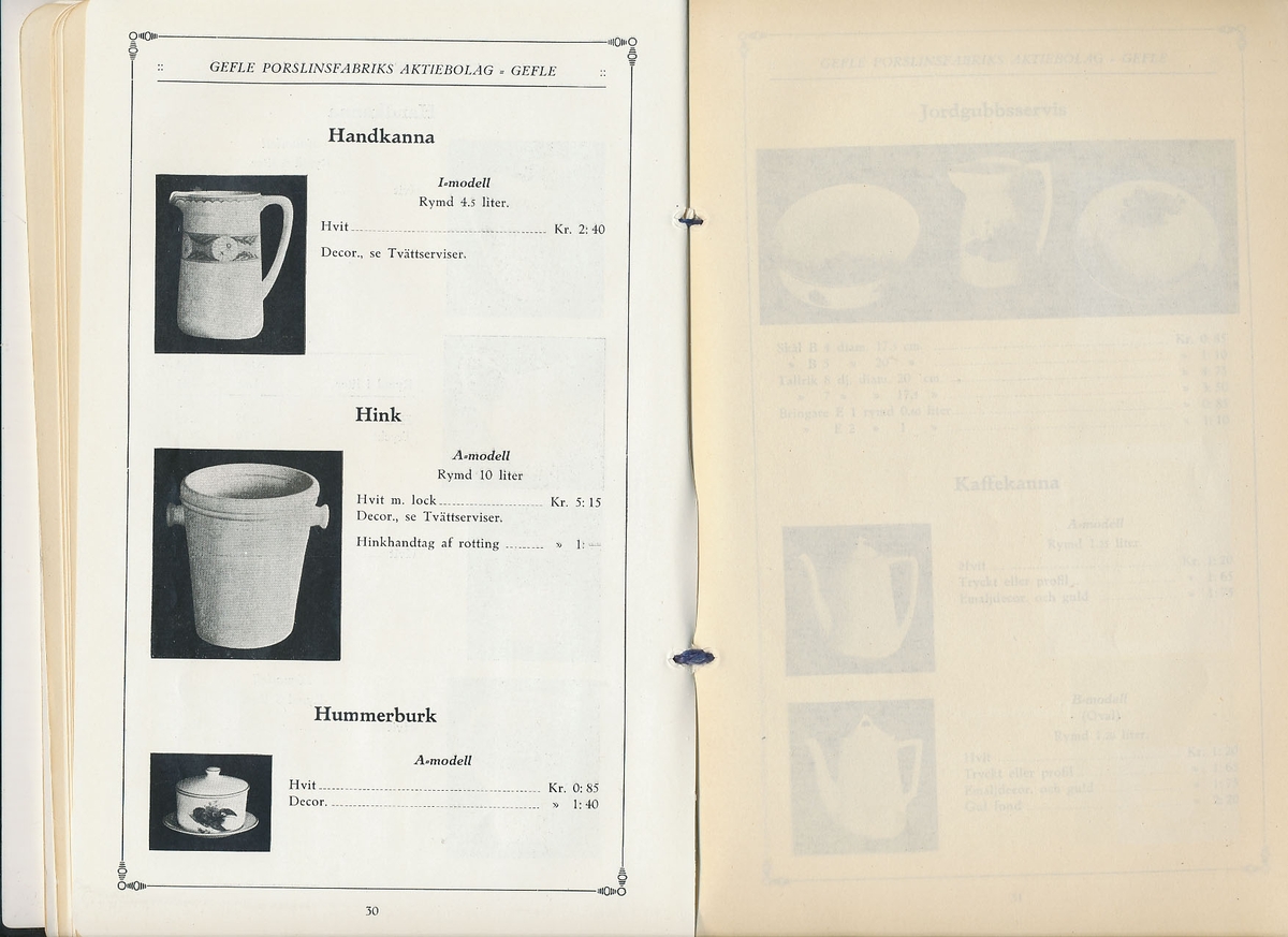 Produktkatalog, priskurant, över 1916 års produktion av keramik vid Aktiebolaget Gefle Porslinsfabrik.