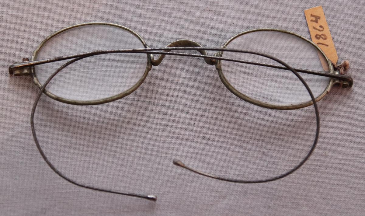 Glasögon med ovala glas. Med böjda bågar och skalmar i stål.