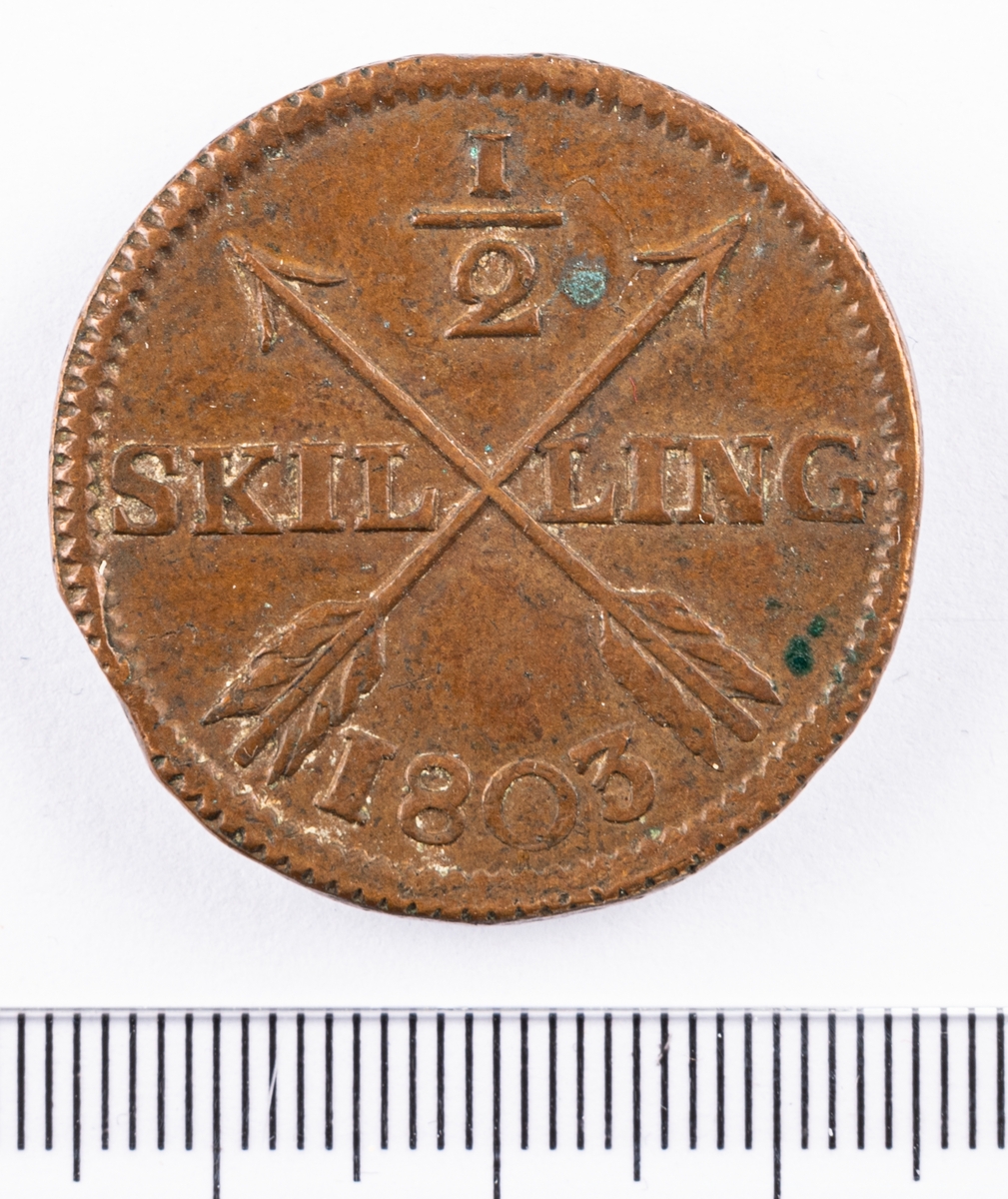 Mynt, Sverige, 1/2 skilling, 1803.