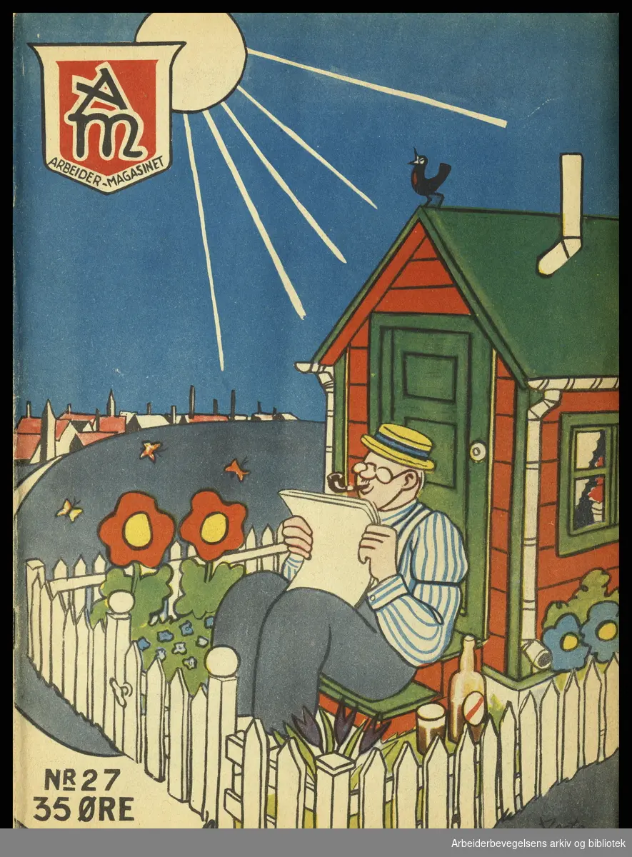 Arbeidermagasinet - Magasinet for alle. Forside. Nr. 27. 1935. Livet i kolonihagen. Illustrasjon Bjarne Restan.