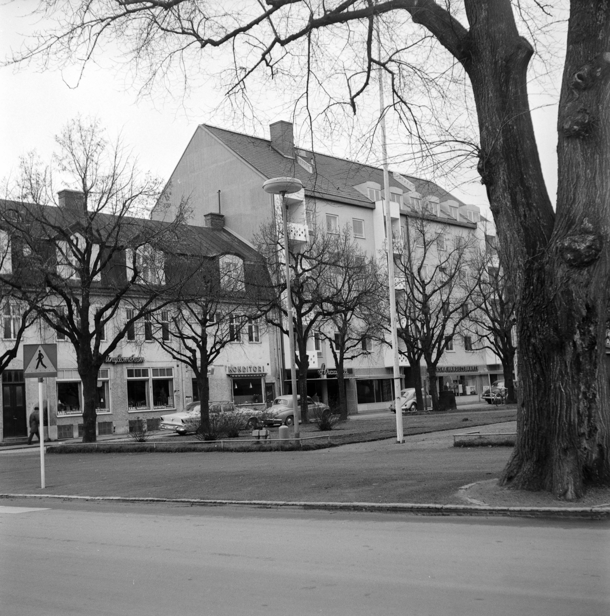Utsikt mot Erik Dahlbergsgatan i Huskvarna bakom träden skymtar biografen Arcadia. År 1960.