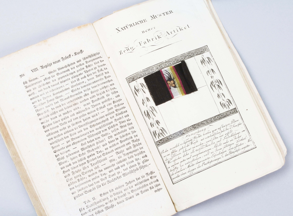 Textiltidskrift i form av bok. Omslag i grönt med texten: "Journal für FABRIK MANUFAKTUR HANDLUNG und MODE 1795 Leipzig bey Vofs und Compagnie". Innehållere ett tygprov och 3 handkolorerade bilder.