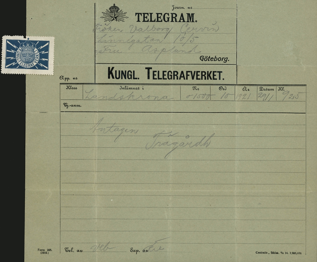 Telegram från Birita Trägårdh till Valborg Lindholm angående lärarinnetjänst hon sökt på Landskrona flickskola.