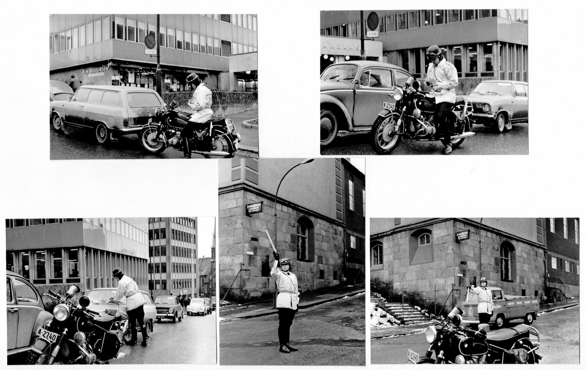 Serie av fem bilder som viser politimann på motorsykkel i bymiljø. Han skriver ut parkeringsbot og dirigerer trafikk.