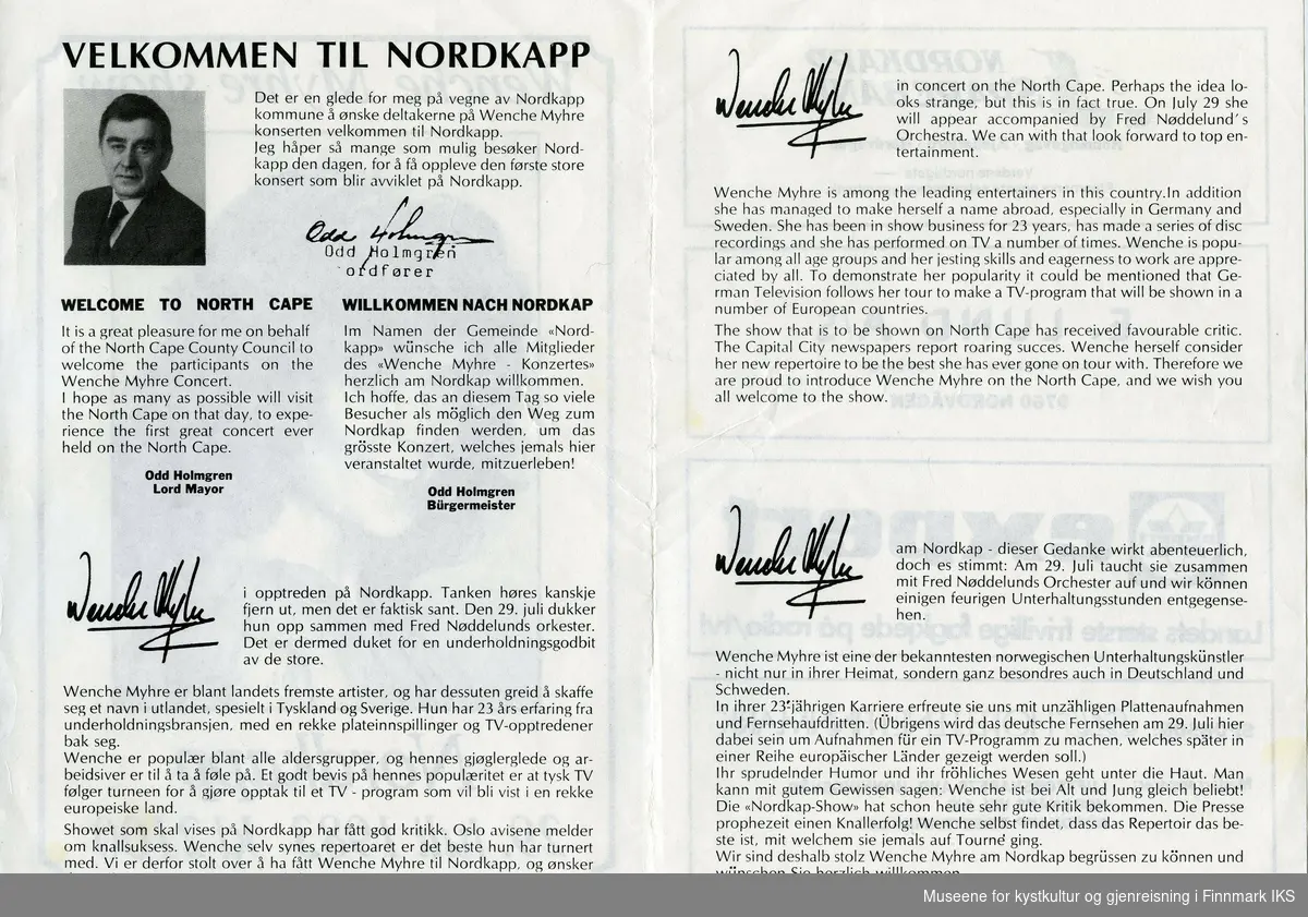 Infobrosjyre "Wenche Myhre show - Nordkapp 29. juli 1983 kl 2100"