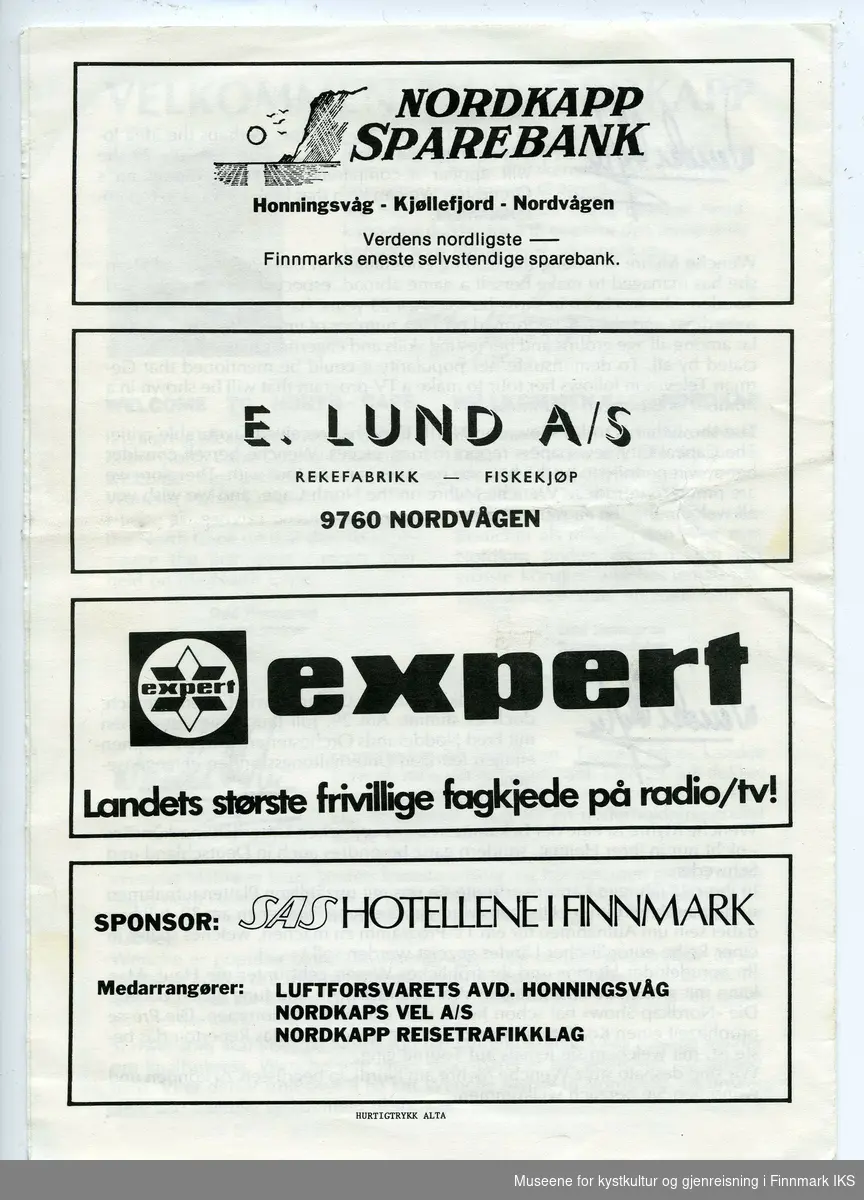 Infobrosjyre "Wenche Myhre show - Nordkapp 29. juli 1983 kl 2100"
