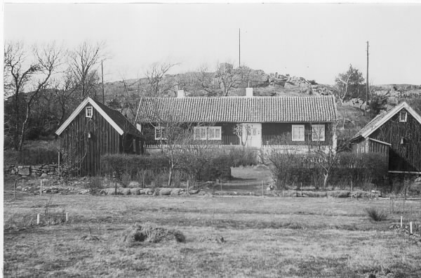 Hunsås i Onsala, södra gården med trädgård. Bostadshuset i mitten är flankerat av två uthus. Vid gaveln på det högra är ett dass tillbyggt. Både Hunsås 1:2 och 1:3 är gamla kaptensgårdar.