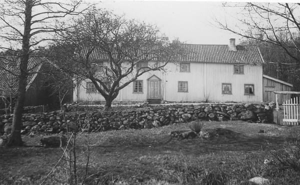 Mangårdsbyggnaden på gården Lyngås i Onsala, troligen Lilla Lyngås. På ömse sidor skymtar ekonomibyggnader och till höger leder en trägrind in till trädgården, som hägnas av stengärdsgårdar.
