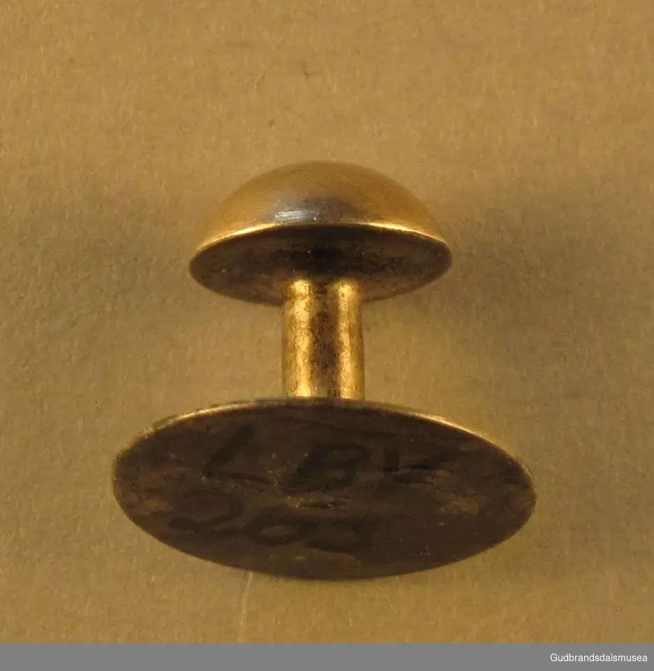 Knapp av gull med stolpe og plate på baksida. Antakelig brukt som knapp i ermelinningen.