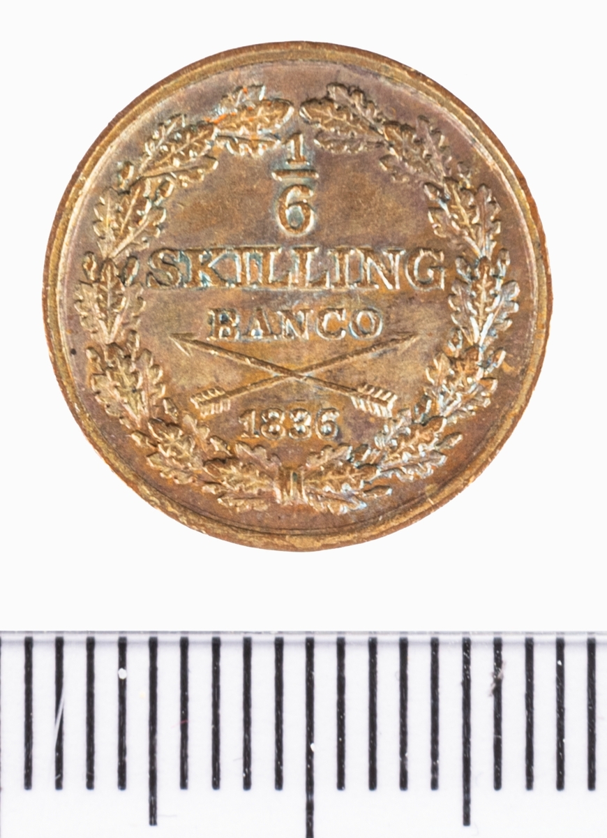 Mynt, Sverige, 1/6 skilling banco, 1836.