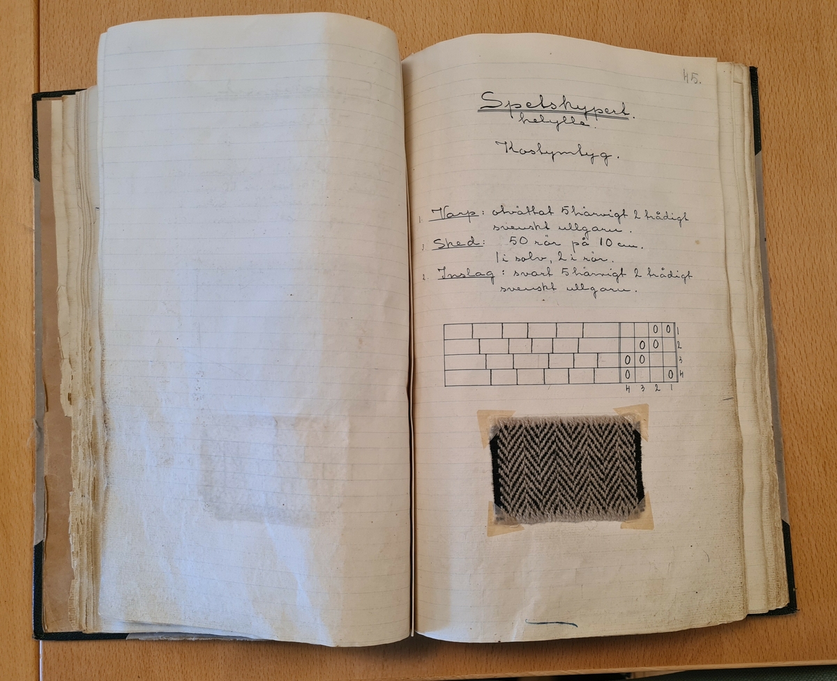 Mönsterbok, första av tre delar, handskriven med mönsterprov i tyg fastklistrade.

Ettiketterna märkta Johanna Brunssons Vävskola.