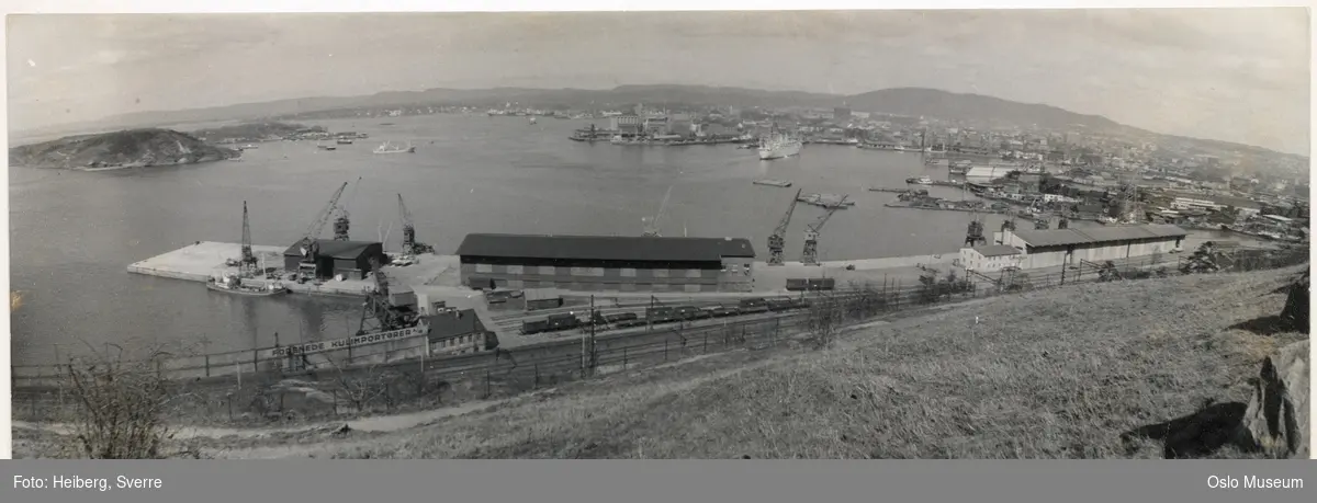 utsikt, havn, Forenede Kulimportører, havneskur, kraner, skip, fjord, øyer, by