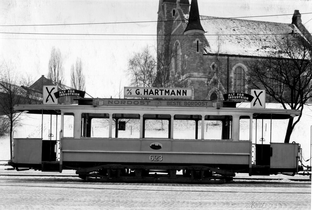 Annonsebilde av sporvogn fra Oslo Sporveier nr. 623 type HaWa.