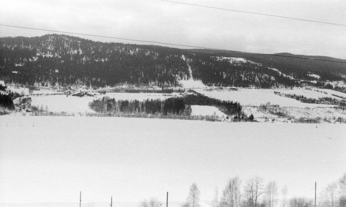 Vinterbilde fra Gudbrandsdalslågens utløp i Mjøsa ved Lillehammer. Fotografiet er tatt fra østsida av vassdraget, over det islagte og snødekte vannspeilet, der vi, helt til venstre i bildet, ser pælene for lensene som om våren og tidlig på sommeren fanget opp det fløtingstømmeret som kom fra den ovenforliggende delen av vassdraget. Her ble det tømmeret som skulle til bedrifter på Lillehammer og andre steder langs Mjøsa sortert ut på grunnlag av kjøpermerker som var påslått stokkene. Deretter ble tømmeret buntet og buksert, dels til lokale og regionale bedrifter, dels sørover Mjøsa til Minnesund og videre fløting i retning industrien på Romerike og i Østfold. På motsatt side av elva ser vi Trosset-gardene i Fåberg med jorder nedover lia mot vassdraget.