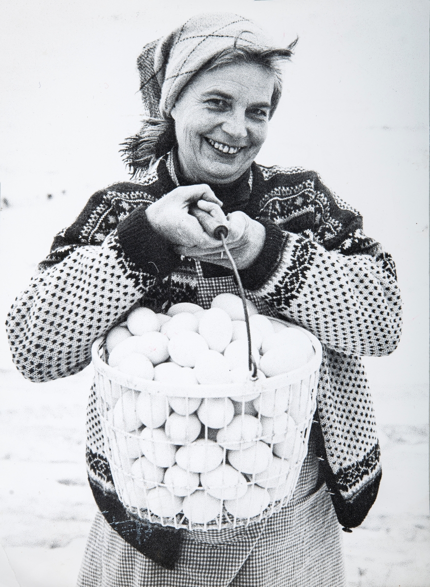 Hedvig Hafslund har plukket kurven full av egg. Bildet er tatt ca. 1960. Foto: Ottar Berget, Elverum.