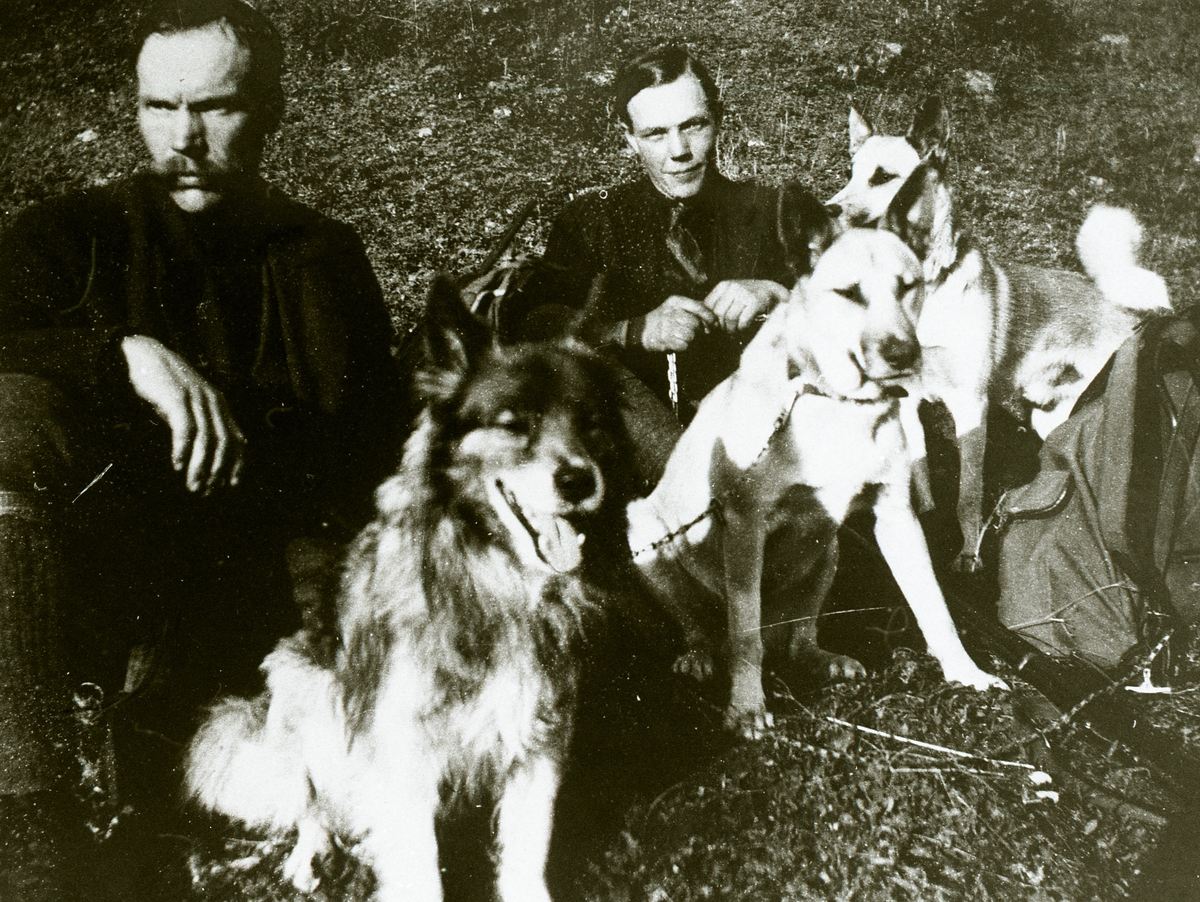 Frå venstre: Knut Belgum d.e. og Knut Belgum d.y med sine jakthundar