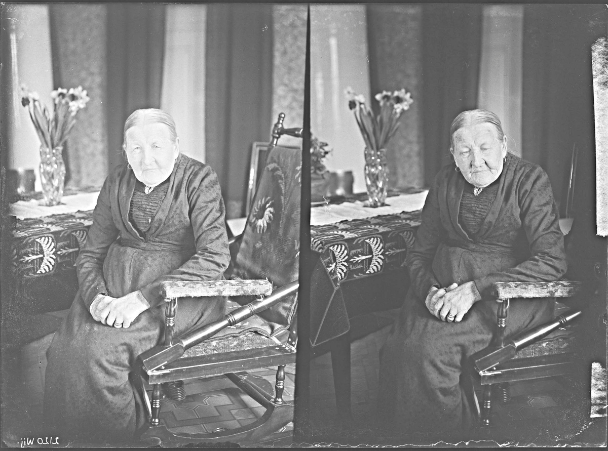 Fotografering beställd av Vallén. Föreställer eventuellt änkan Anna Matilda Vallén, född Jansdotter 1845-04-05 i Tillinge, död 1925-04-02 i Tillinge.