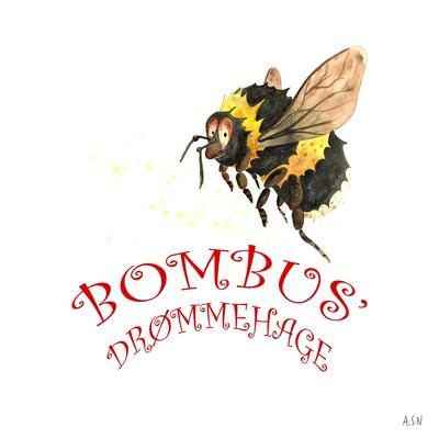 En tegning av en sort og gul bie over teksten Bombus drømmehage i rødt. Foto/Photo