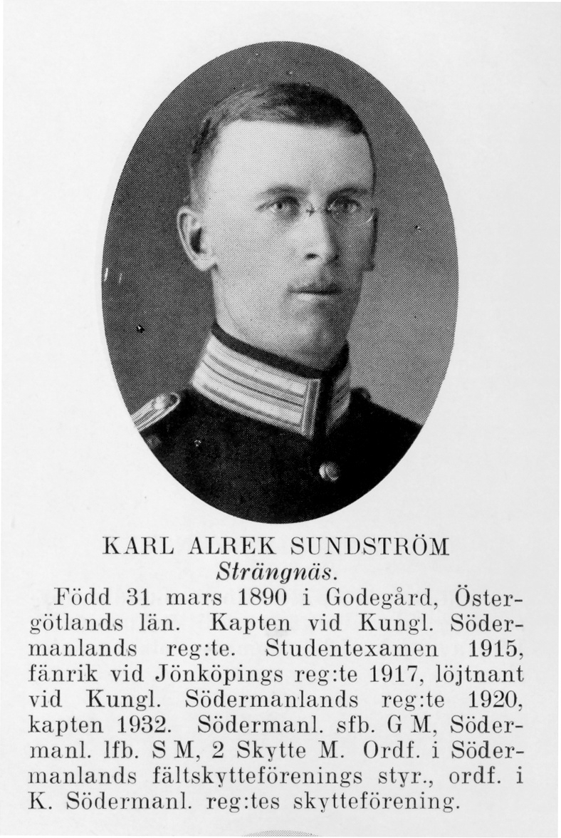 Strängnäs 1934


Kapten Karl Alrek Sundström
Född: 1890-03-31 Godegård, Östergötland
Död: 1963-10-26 Oscar, Stockholm