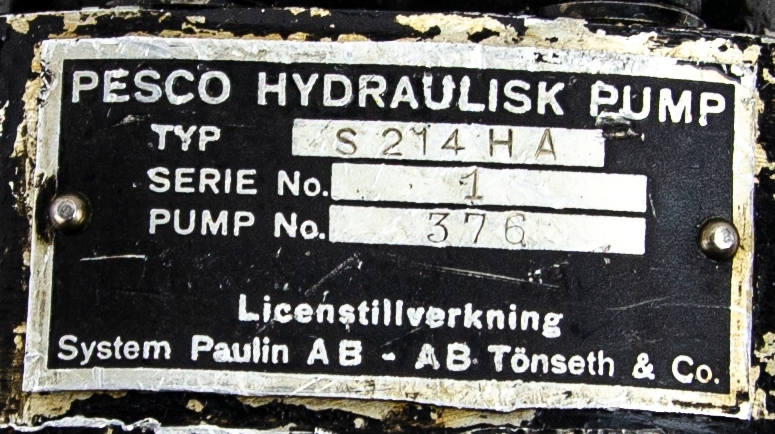 Hydraulisk pump Pesco, typ S 214 HA. Tillverkad av System Paulin A-B, A-B Tönseth & Co Rotation.
