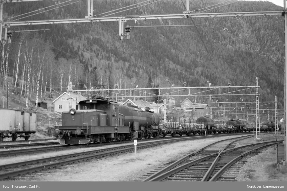 Rjukanbanens elektriske lokomotiv nr. 10 med godstog på Mæl stasjon