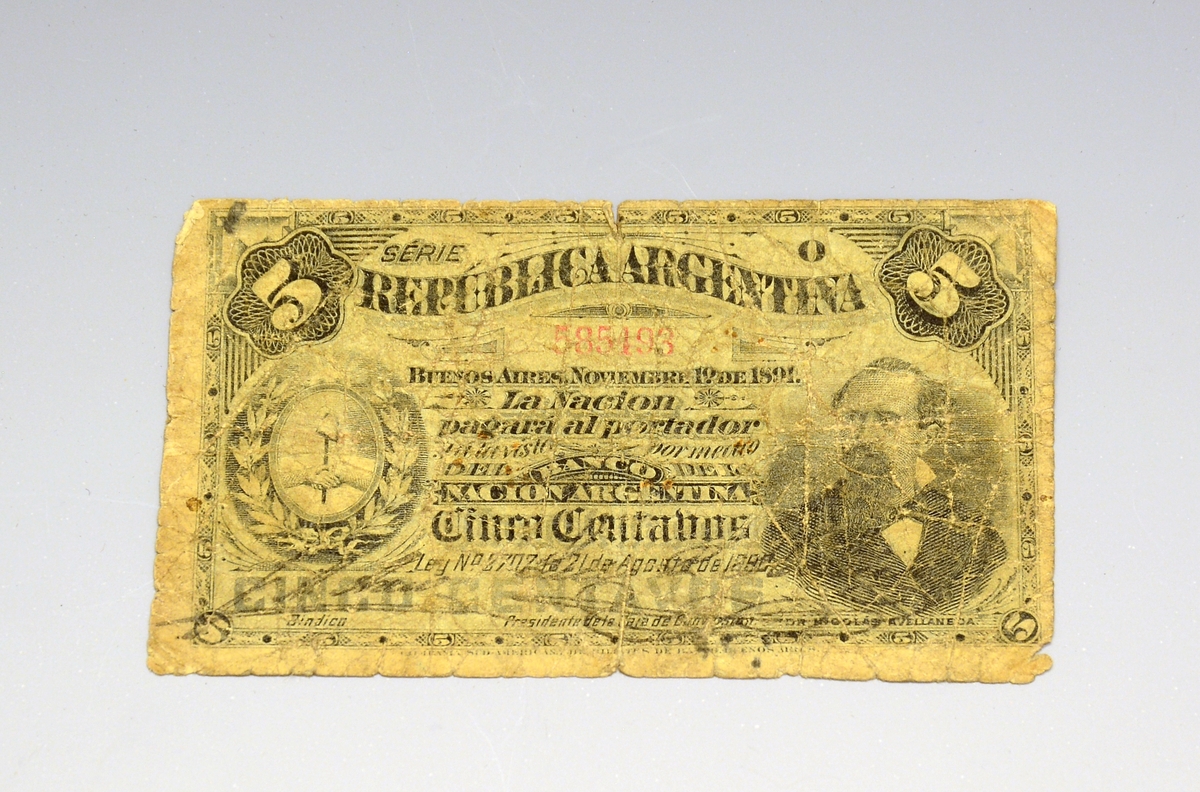 Pengeseddel fra Argentina. Cinco centavos.